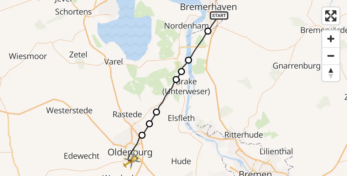 Flugroute Rettungshubschrauber Bremerhaven - Oldenburg (Oldb), 03 August 2026, 13:52