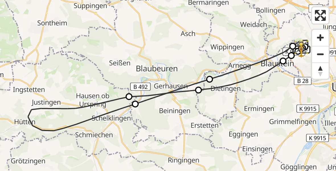 Flugroute Rettungshubschrauber Ulm Military Hospital Emergency - ADAC Air Rescue Station Ulm (Christoph 22), 03 August 2026, 13:54