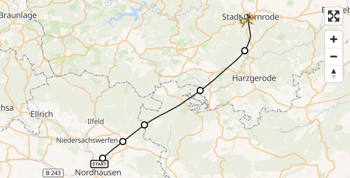 Flugroute Rettungshubschrauber Südharz Hospital Nordhausen - Quedlinburg, 03 August 2026, 13:54