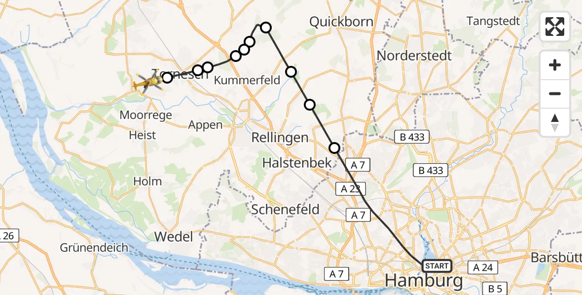 Flugroute Rettungshubschrauber Hamburg - Uetersen, 03 August 2026, 13:55