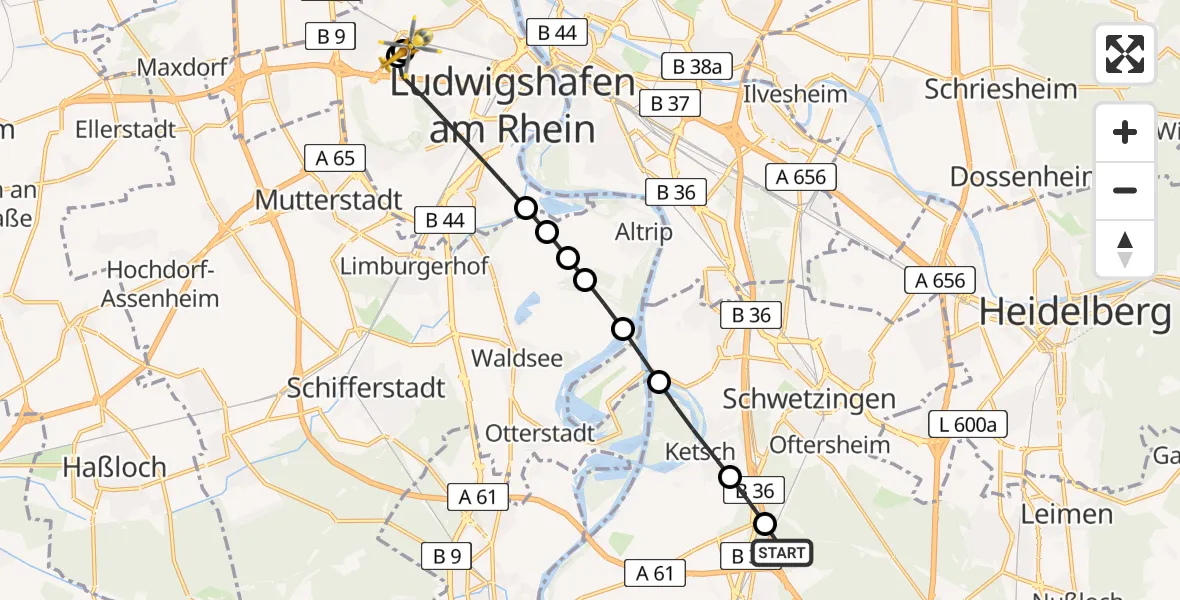 Flugroute Rettungshubschrauber Hockenheim - Ludwigshafen Accident Hospital, 03 August 2026, 13:56
