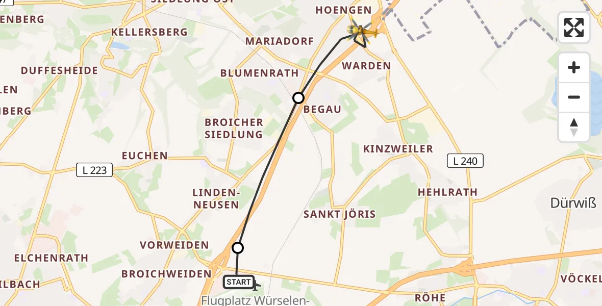 Flugroute Rettungshubschrauber Aachen-Merzbrück Flughafen - Alsdorf, 03 August 2026, 13:56