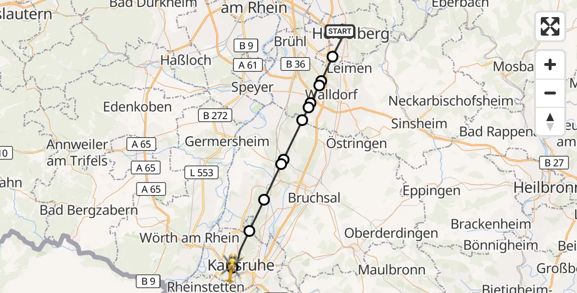Flugroute Ambulanzhubschrauber Heidelberg - Sankt Vincentius Hospital, 03 August 2026, 13:57