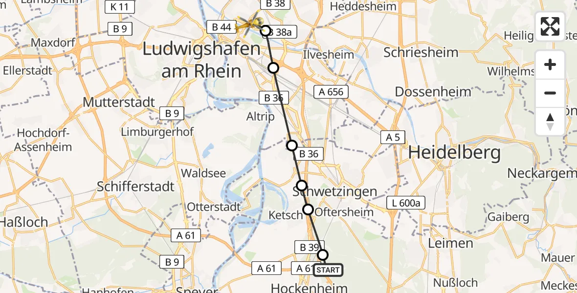 Flugroute Rettungshubschrauber Hockenheim - Mannheim, 03 August 2026, 13:59