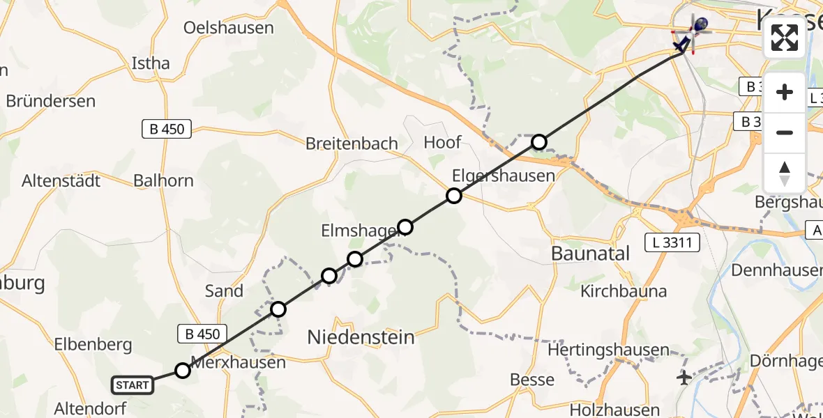 Flugroute Polizeihubschrauber Naumburg - Kassel, 03 August 2026, 14:01