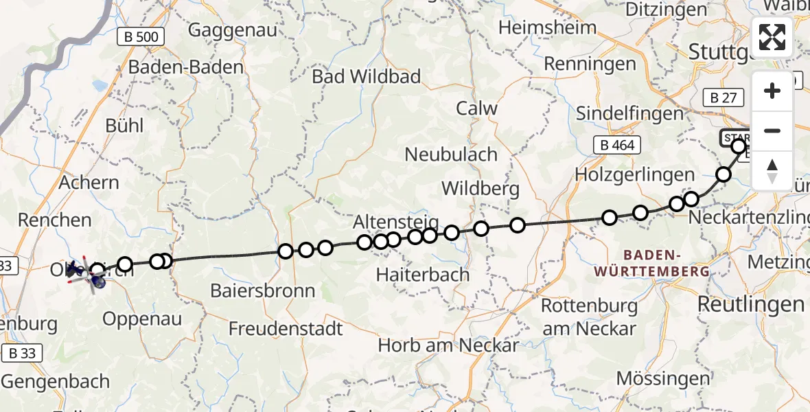 Flugroute Polizeihubschrauber Flughafen Stuttgart - Oberkirch, 03 August 2026, 14:09