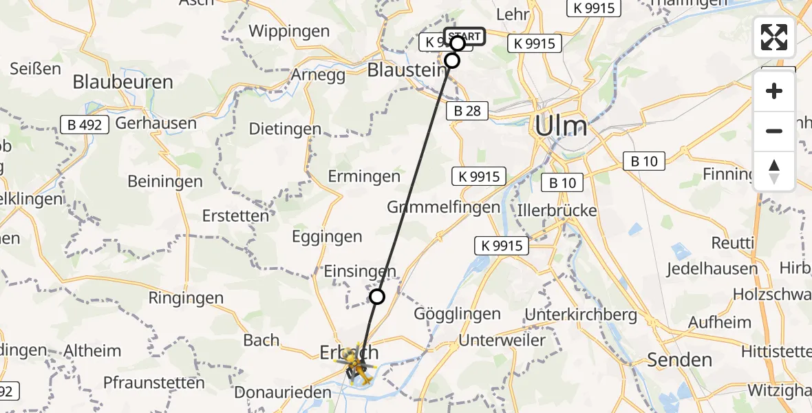 Flugroute Rettungshubschrauber Ulm Military Hospital Emergency - Erbach, 03 August 2026, 14:21