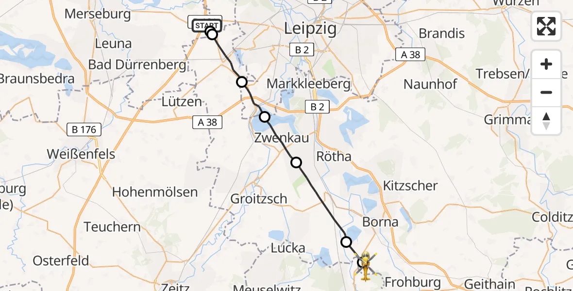 Flugroute Rettungshubschrauber Leuna - Borna, 03 August 2026, 14:28
