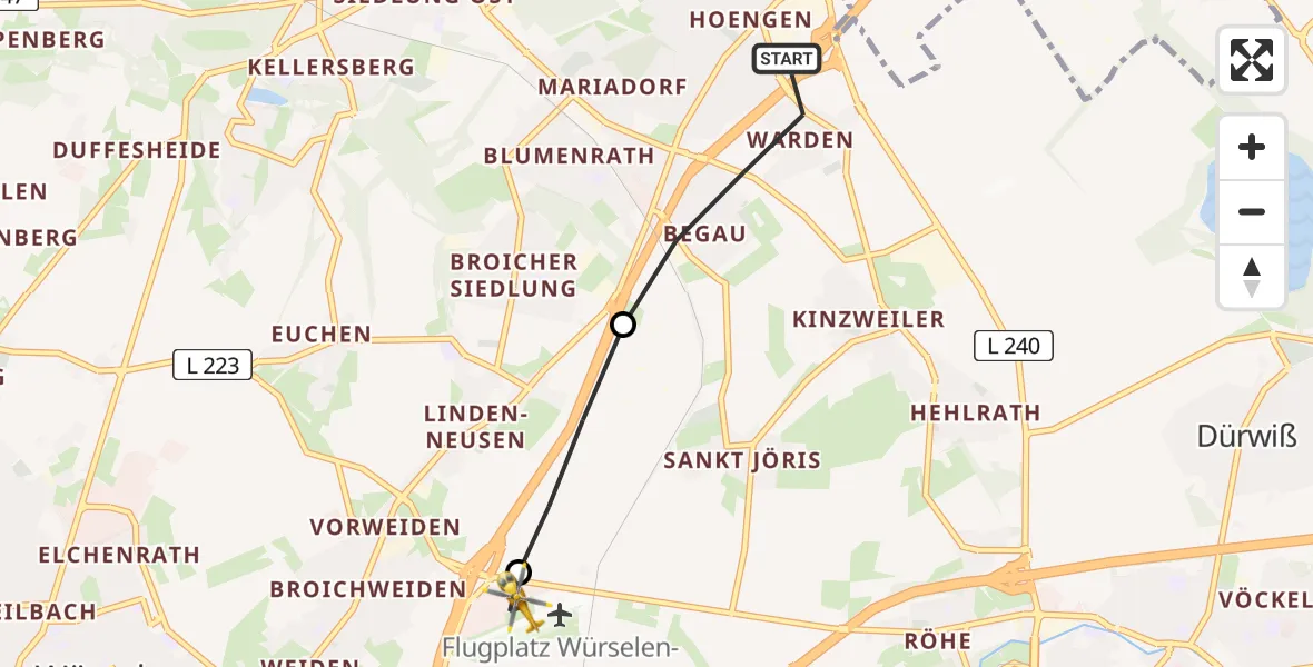 Flugroute Rettungshubschrauber Alsdorf - Aachen-Merzbrück Flughafen, 03 August 2026, 14:30