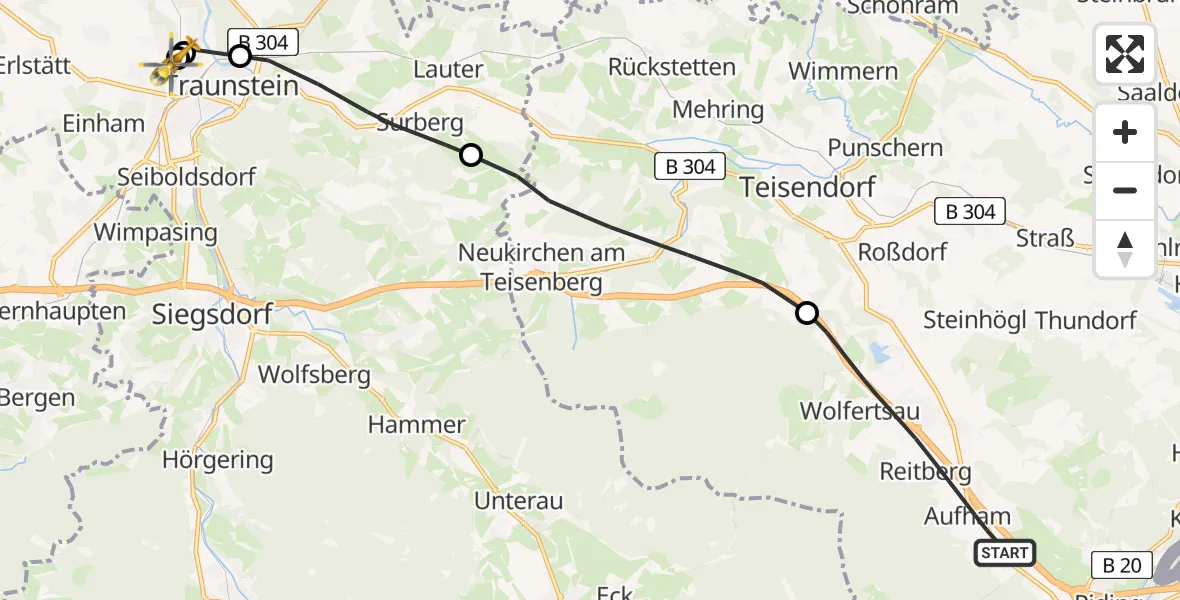 Flugroute Rettungshubschrauber Anger - Traunstein Hospital, 03 August 2026, 14:36