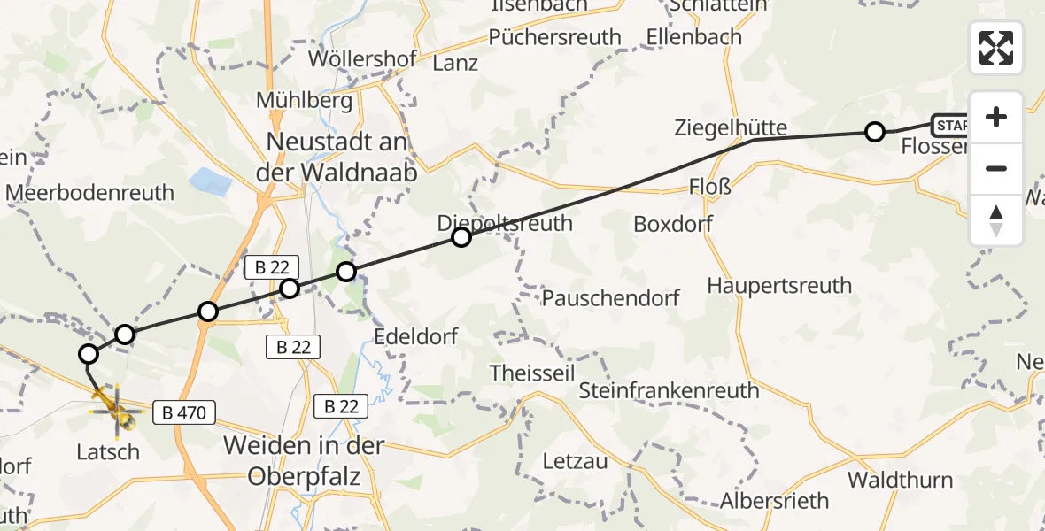 Flugroute Ambulanzhubschrauber Flossenbürg - Weiden i.d.OPf., 03 August 2026, 14:43