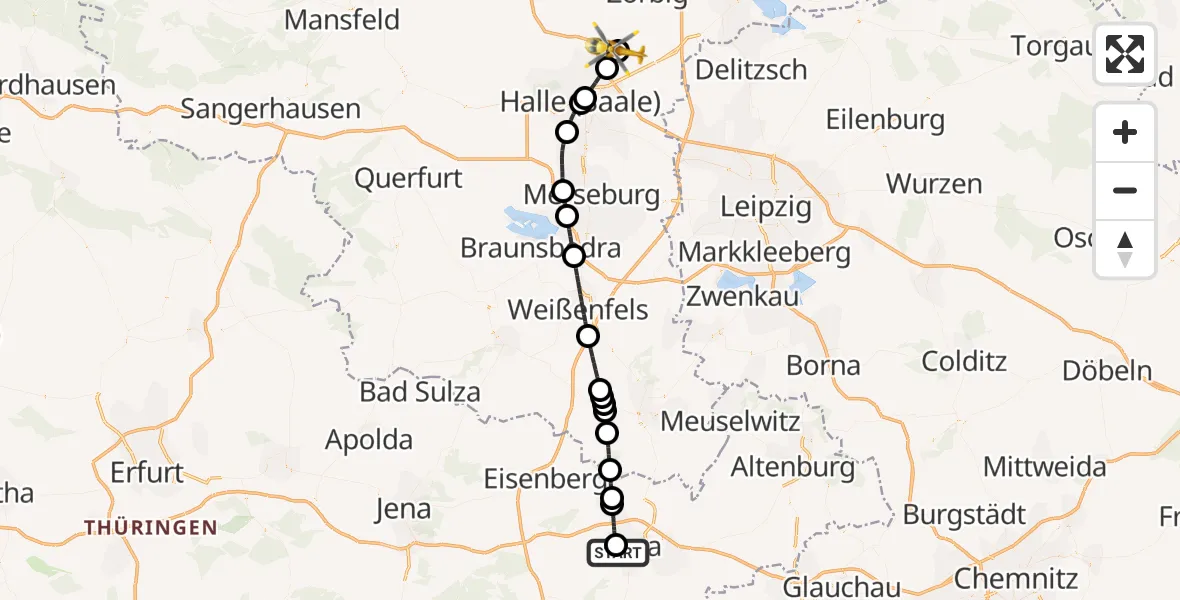 Flugroute Rettungshubschrauber SRH Wald-Klinikum Gera Hospital - Halle-Oppin Flugplatz, 03 August 2026, 14:43