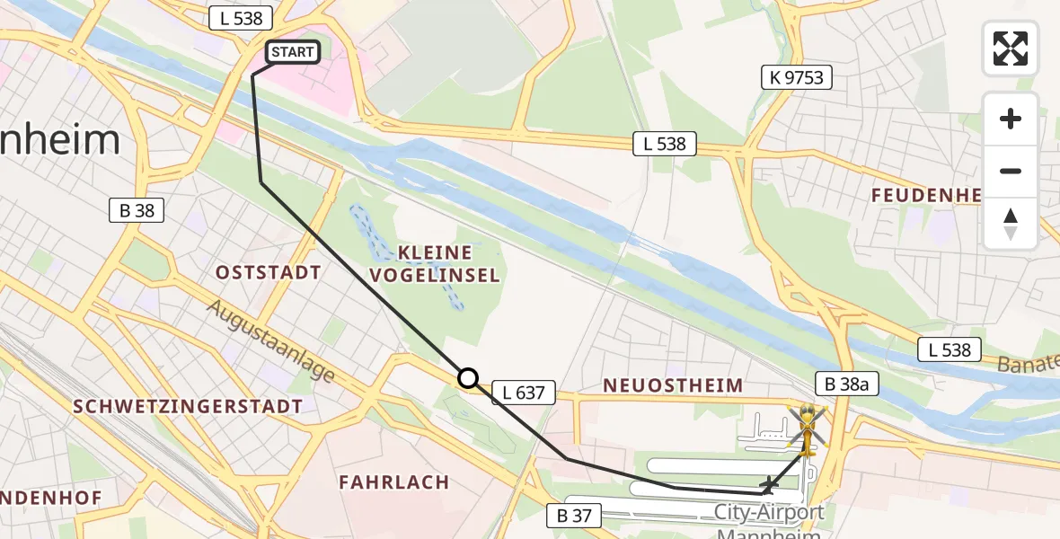 Flugroute Rettungshubschrauber Mannheim - Mannheim-City Flughafen, 03 August 2026, 14:45