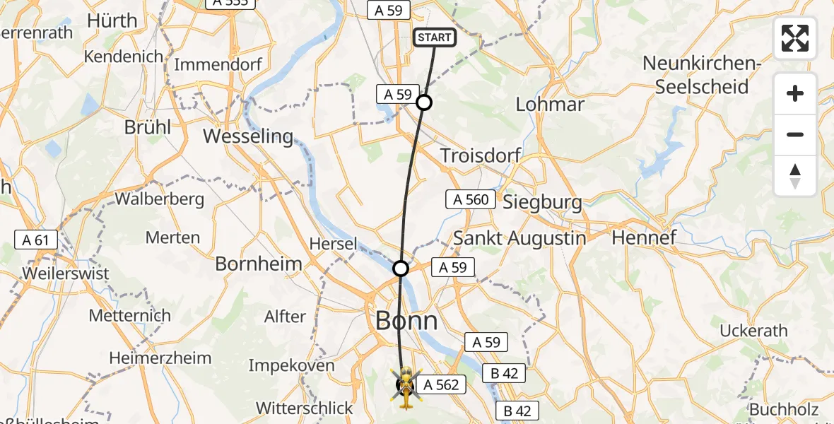 Flugroute Ambulanzhubschrauber Köln Bonn Flughafen - Bonn University Hospital, 03 August 2026, 14:46