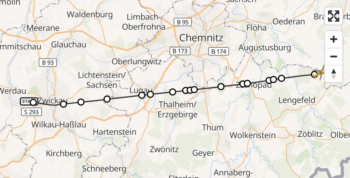 Flugroute Rettungshubschrauber ADAC Air Rescue Station Zwickau Hubschrauberlandeplatz - Pockau-Lengefeld, 03 August 2026, 14:58