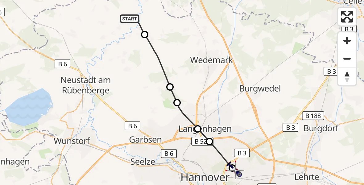 Flugroute Polizeihubschrauber Neustadt am Rübenberge - Hannover Luftrettung Hubschrauberlandeplatz (Christoph 4), 03 August 2026, 15:03