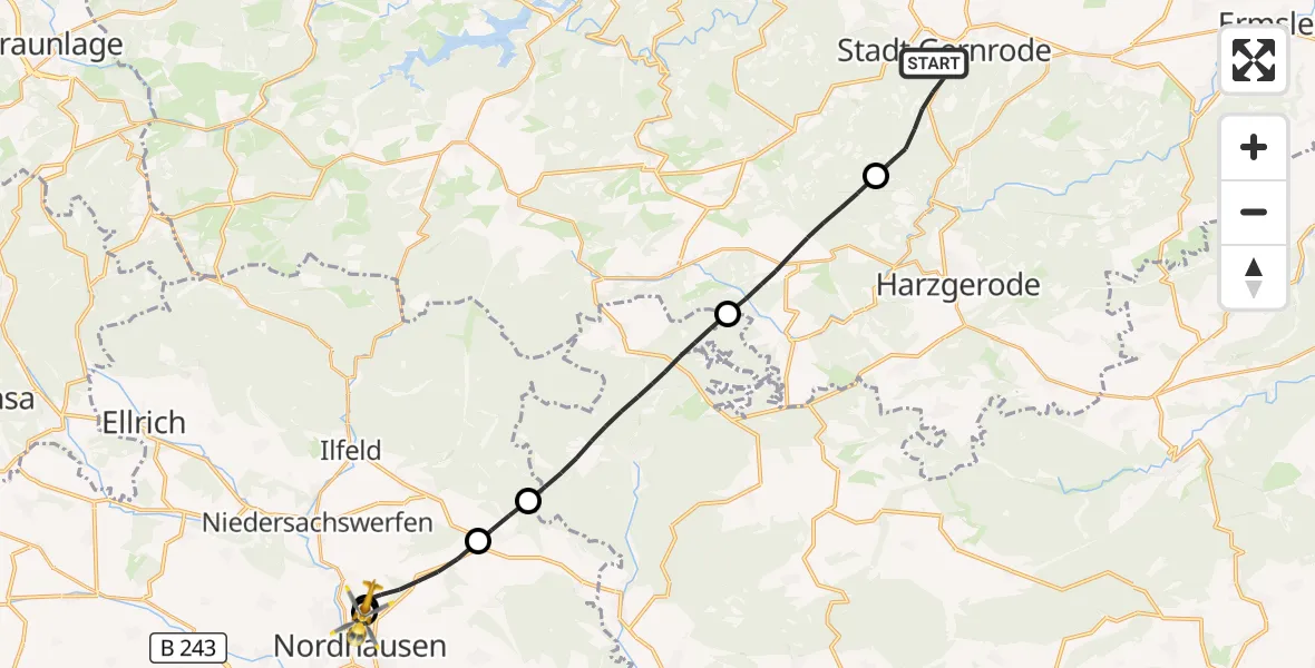Flugroute Rettungshubschrauber Quedlinburg - Südharz Hospital Nordhausen, 03 August 2026, 15:07