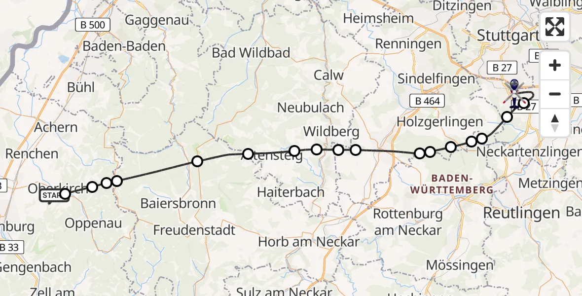 Flugroute Polizeihubschrauber Oberkirch - Flughafen Stuttgart, 03 August 2026, 15:07
