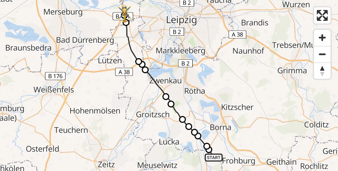 Flugroute Rettungshubschrauber Fockendorf - ADAC Air Rescue Station Leipzig/Schkeuditz-Dölzig Hubschrauberlandeplatz (Christoph 61), 03 August 2026, 15:16