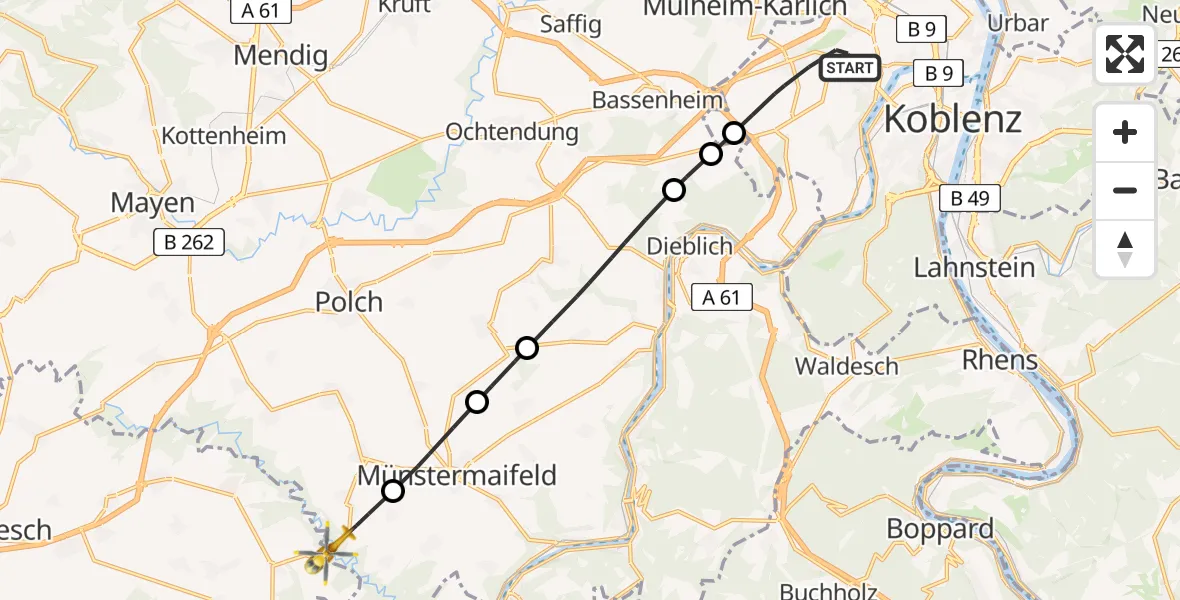 Flugroute Rettungshubschrauber Koblenz - Pillig, 03 August 2026, 15:18
