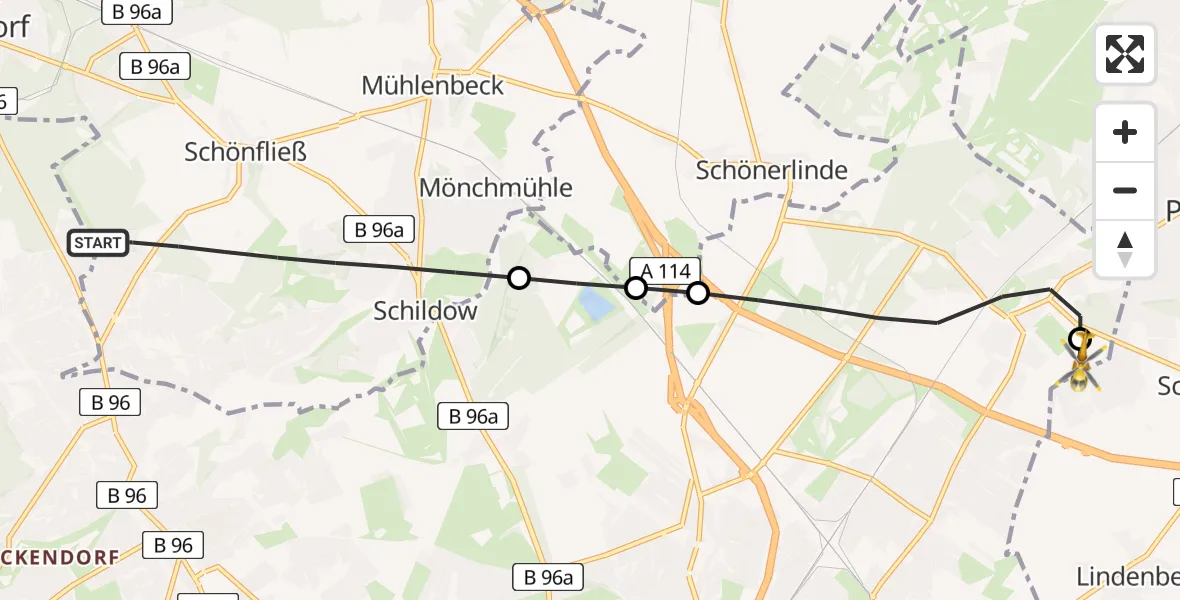 Flugroute Rettungshubschrauber Mühlenbecker Land - Helios Clinic Berlin-Buch, 03 August 2026, 15:31