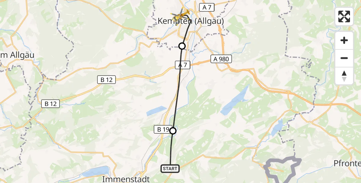 Flugroute Rettungshubschrauber Rettenberg - Kempten (Allgäu), 03 August 2026, 15:32