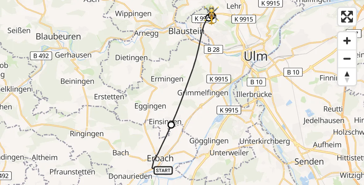 Flugroute Rettungshubschrauber Erbach - ADAC Air Rescue Station Ulm (Christoph 22), 03 August 2026, 15:37