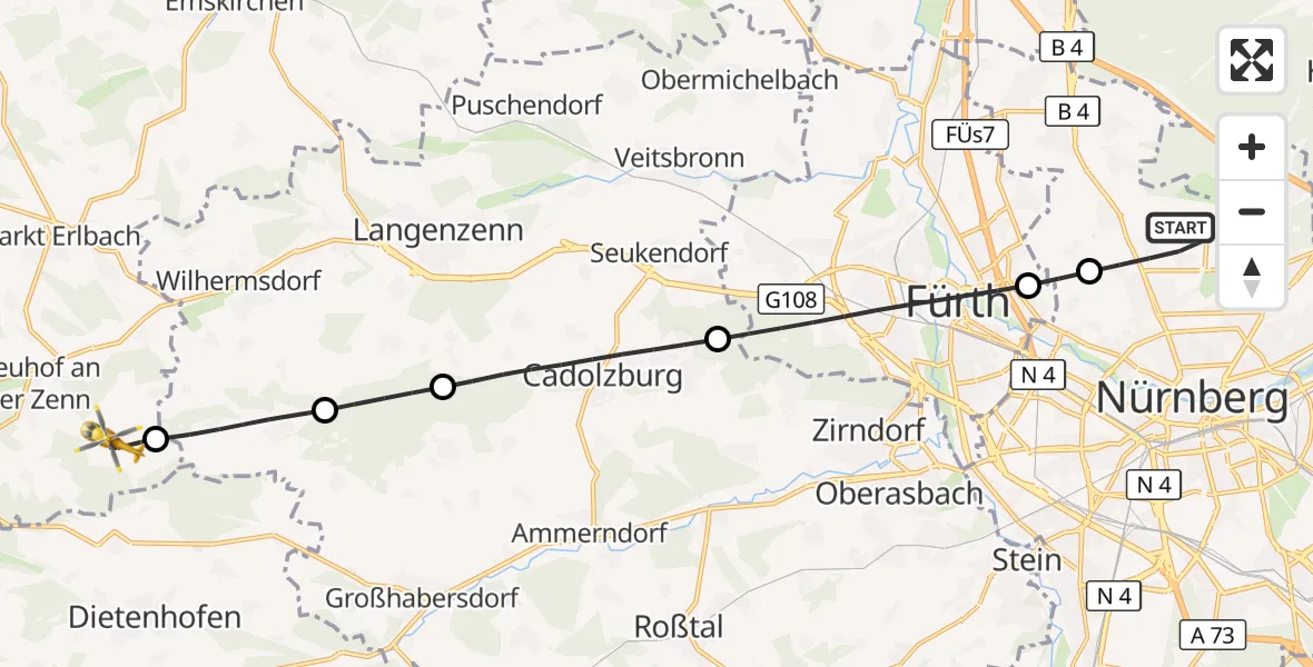 Flugroute Ambulanzhubschrauber Flughafen Nuremberg - Neuhof a.d.Zenn, 03 August 2026, 15:38