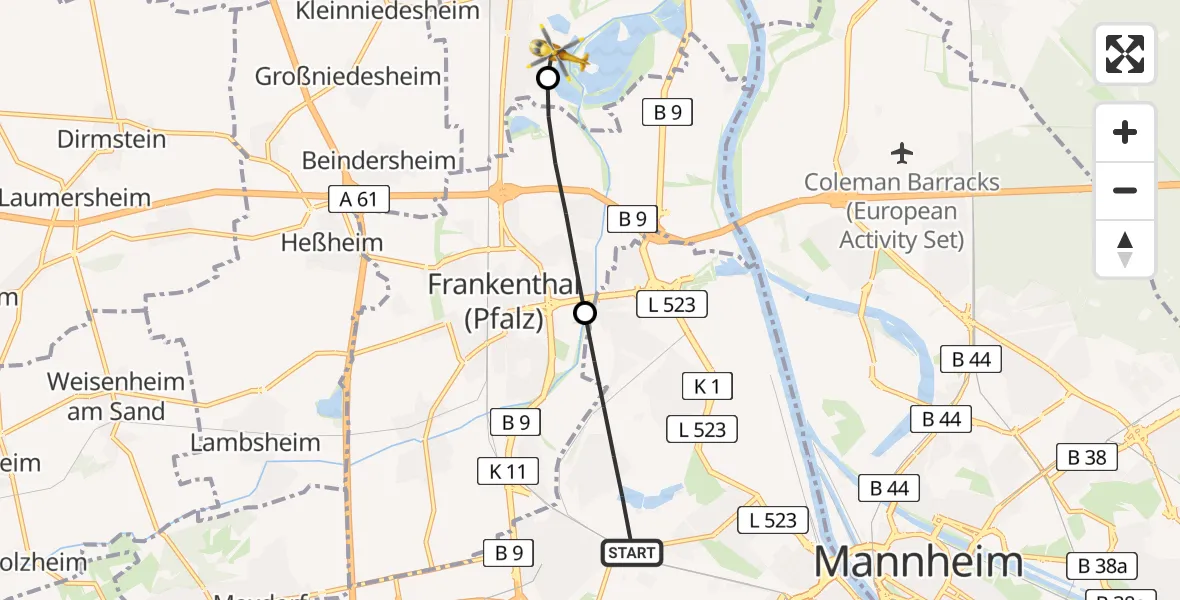 Flugroute Rettungshubschrauber Ludwigshafen am Rhein - Bobenheim-Roxheim, 03 August 2026, 15:41
