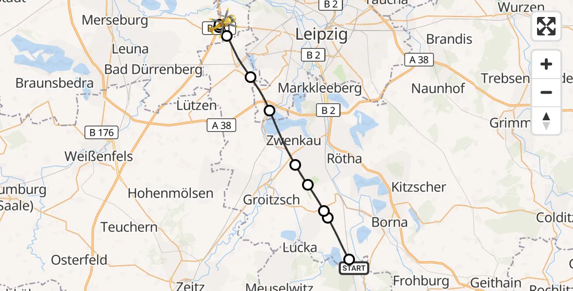 Flugroute Rettungshubschrauber Haselbach - ADAC Air Rescue Station Leipzig/Schkeuditz-Dölzig Hubschrauberlandeplatz (Christoph 61), 03 August 2026, 15:41