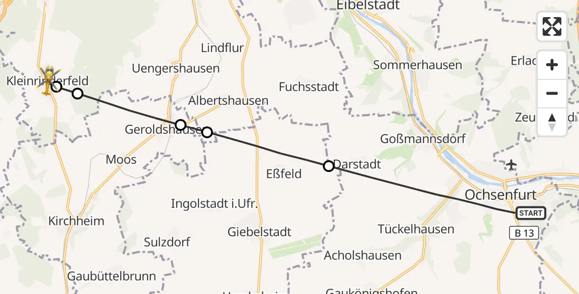 Flugroute Rettungshubschrauber Ochsenfurt - Kleinrinderfeld, 03 August 2026, 15:45