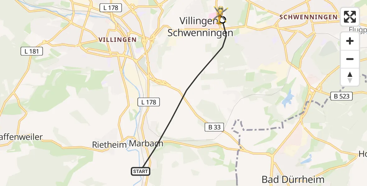 Flugroute Ambulanzhubschrauber Villingen-Schwenningen - DRF Air Rescue Station Villingen-Schwenningen Hubschrauberlandeplatz (Christoph 11), 03 August 2026, 15:53