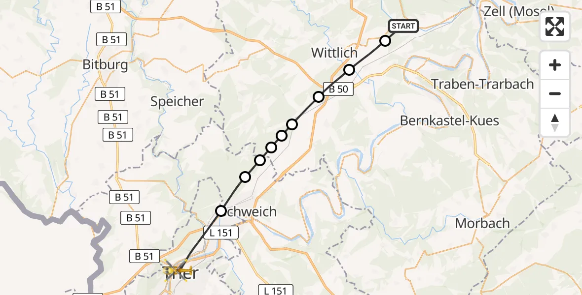 Flugroute Rettungshubschrauber Bausendorf - Trier, 03 August 2026, 15:54