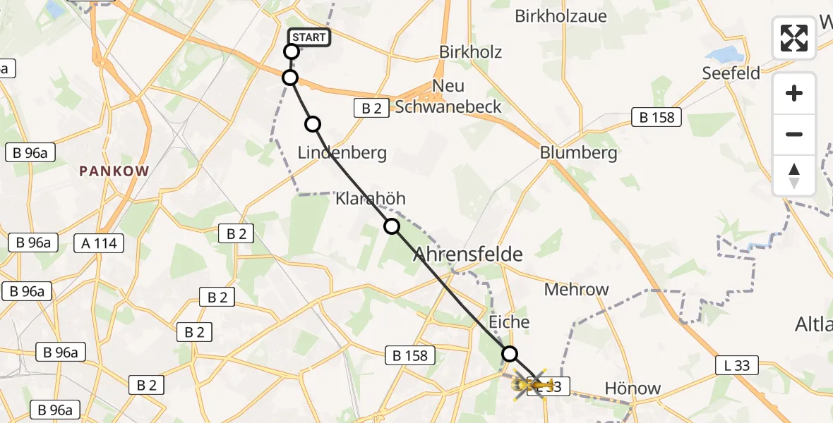 Flugroute Rettungshubschrauber Helios Clinic Berlin-Buch - Ahrensfelde, 03 August 2026, 15:55