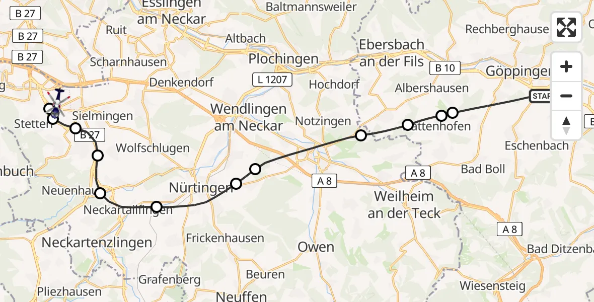 Flugroute Polizeihubschrauber Göppingen - Flughafen Stuttgart, 03 August 2026, 16:00