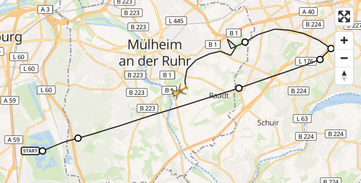 Flugroute Rettungshubschrauber Duisburg Air Rescue Hubschrauberlandeplatz (Christoph 9) - Mülheim an der Ruhr, 03 August 2026, 16:06