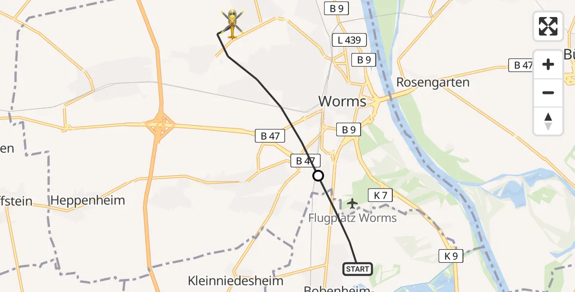 Flugroute Rettungshubschrauber Bobenheim-Roxheim - Worms, 03 August 2026, 16:10