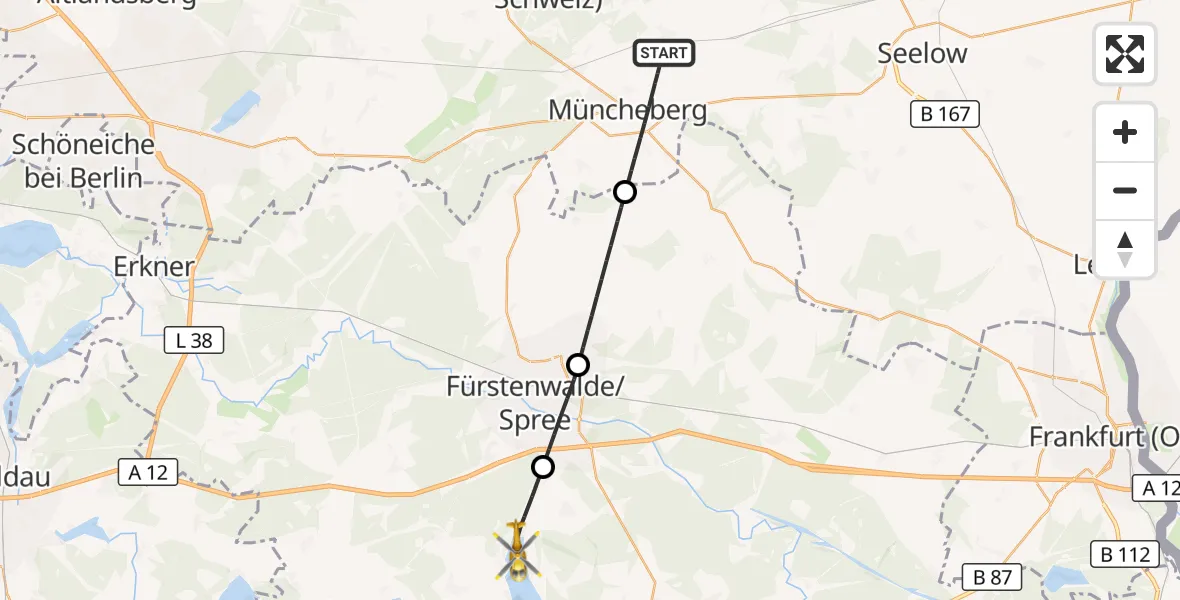 Flugroute Rettungshubschrauber Müncheberg - Bad Saarow, 03 August 2026, 16:14