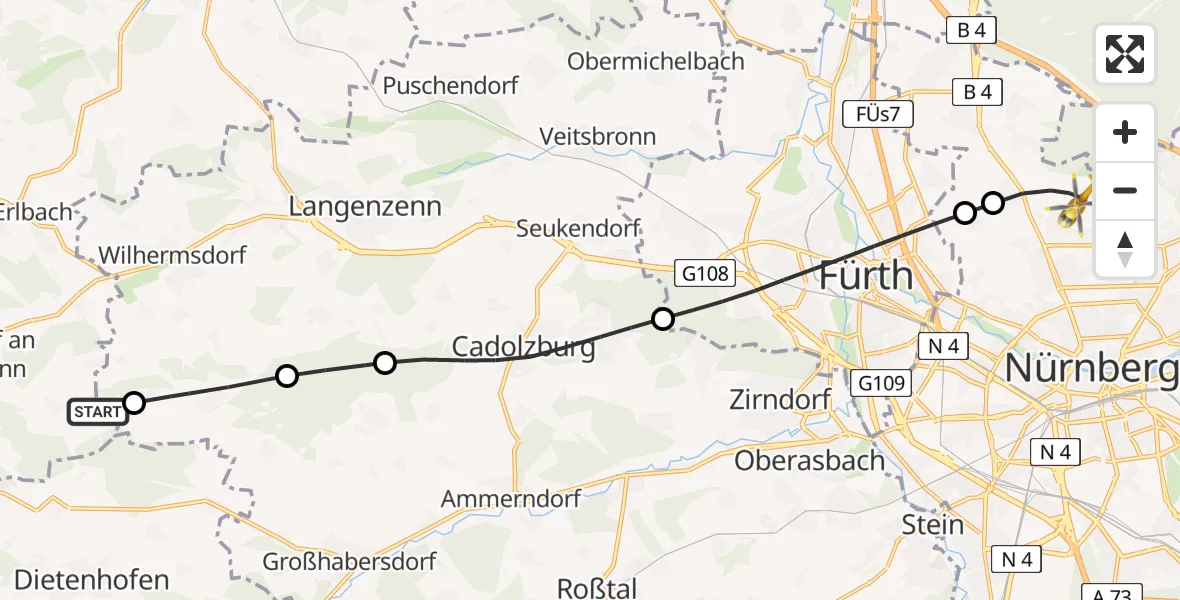 Flugroute Ambulanzhubschrauber Neuhof a.d.Zenn - Flughafen Nuremberg, 03 August 2026, 16:17