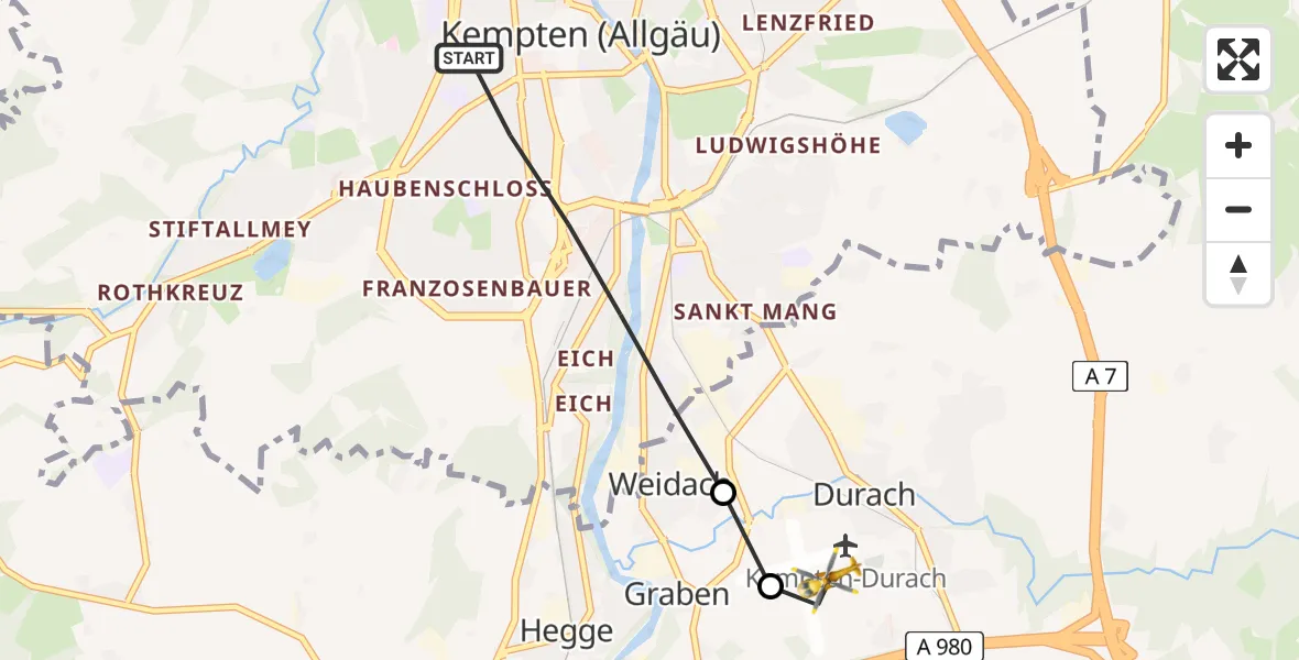 Flugroute Rettungshubschrauber Kempten (Allgäu) - Kempten-Durach Flugplatz, 03 August 2026, 16:24