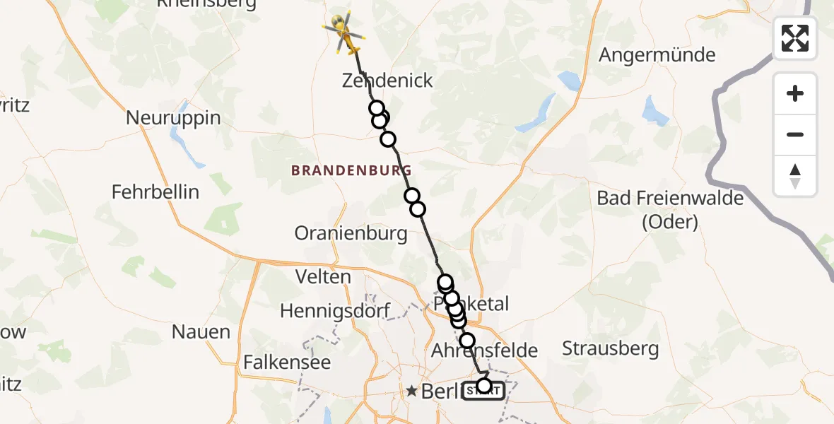 Flugroute Rettungshubschrauber Berlin Emergency Hospital - Zehdenick, 03 August 2026, 16:26