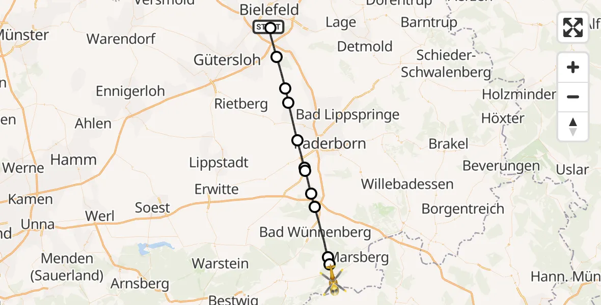 Flugroute Rettungshubschrauber Luftrettungszentrum Bielefeld - Marsberg, 03 August 2026, 16:38