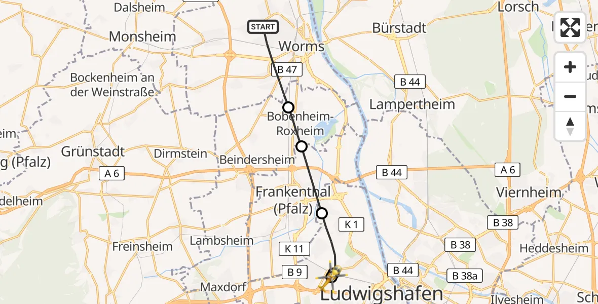 Flugroute Rettungshubschrauber Worms - Ludwigshafen Accident Hospital, 03 August 2026, 16:38