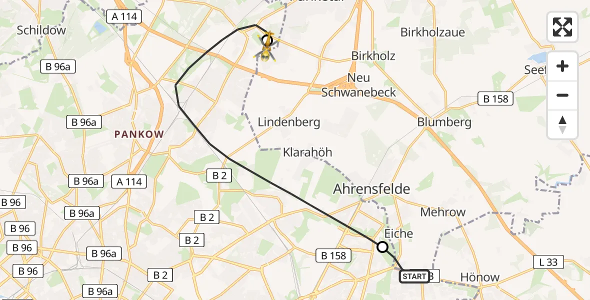Flugroute Rettungshubschrauber Ahrensfelde - Helios Clinic Berlin-Buch, 03 August 2026, 16:42