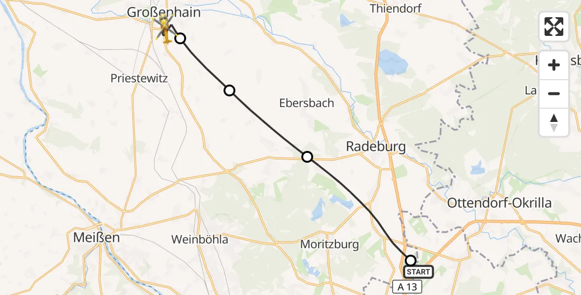 Flugroute Rettungshubschrauber Dresden Flughafen - Großenhain, 03 August 2026, 16:43