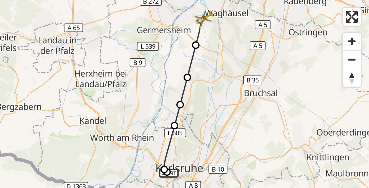 Flugroute Ambulanzhubschrauber Sankt Vincentius Hospital - Philippsburg, 03 August 2026, 16:54