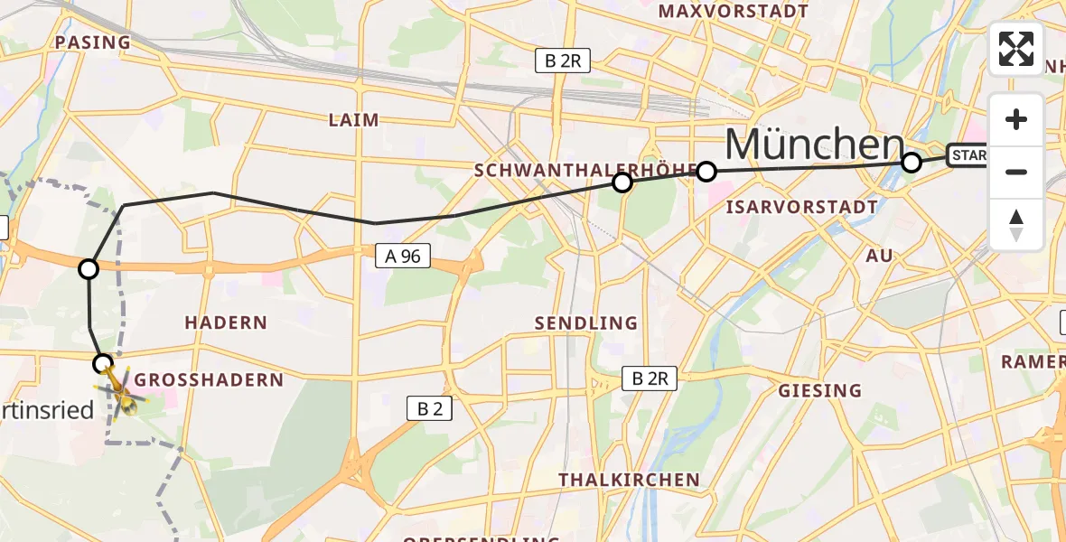 Flugroute Rettungshubschrauber Rechts der Isar University Hospital - DRF Air Rescue München Hubschrauberlandeplatz, 03 August 2026, 16:55