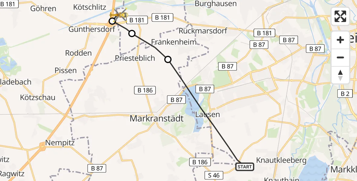 Flugroute Rettungshubschrauber Leipzig - ADAC Air Rescue Station Leipzig/Schkeuditz-Dölzig Hubschrauberlandeplatz (Christoph 61), 03 August 2026, 16:55