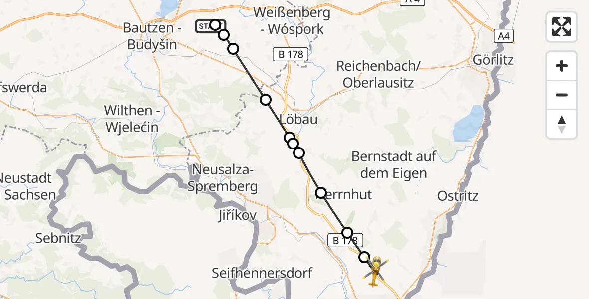 Flugroute Rettungshubschrauber Bautzen Flugplatz - Mittelherwigsdorf, 03 August 2026, 17:00