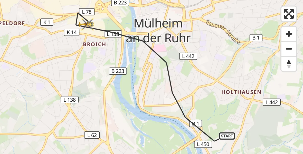 Flugroute Rettungshubschrauber Mülheim an der Ruhr - Mülheim an der Ruhr, 03 August 2026, 17:10